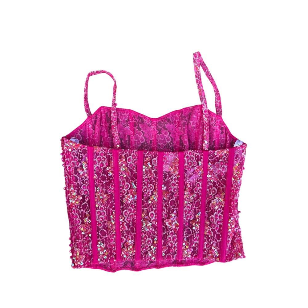 Vintage Pink Sequin Corset Bustier Top Boning Spaghetti Strap Party Y2K Prom - Picture 3 of 5